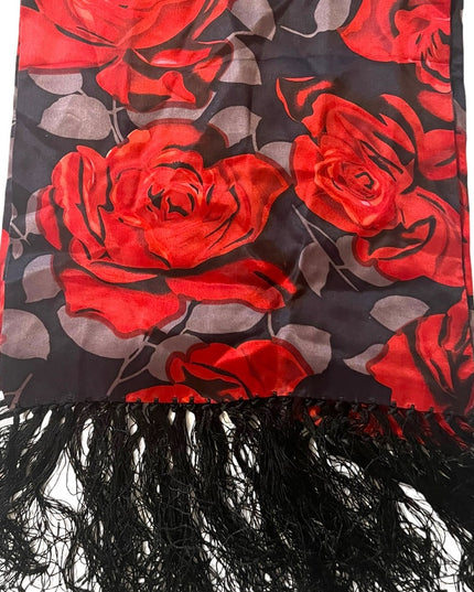 Vintage Red roses silk scarf wrap fringe silver black