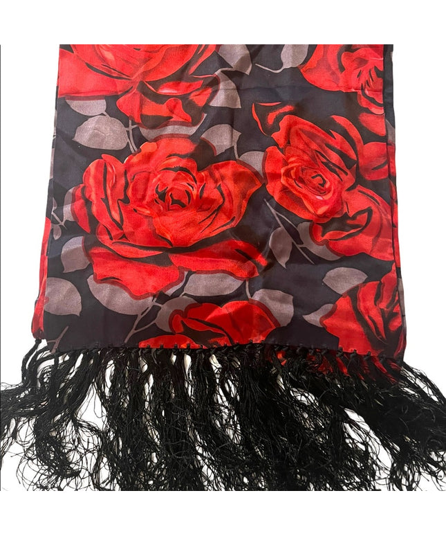 Vintage Red roses silk scarf wrap fringe silver black