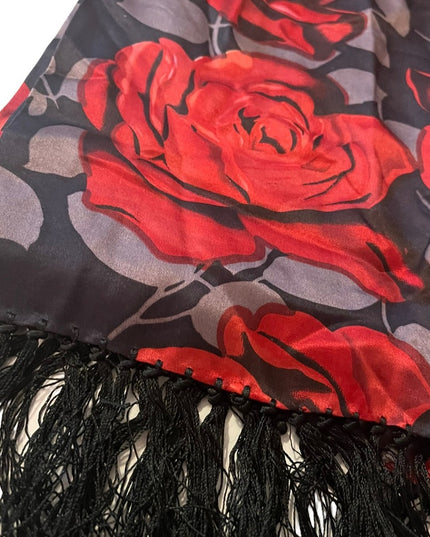 Vintage Red roses silk scarf wrap fringe silver black