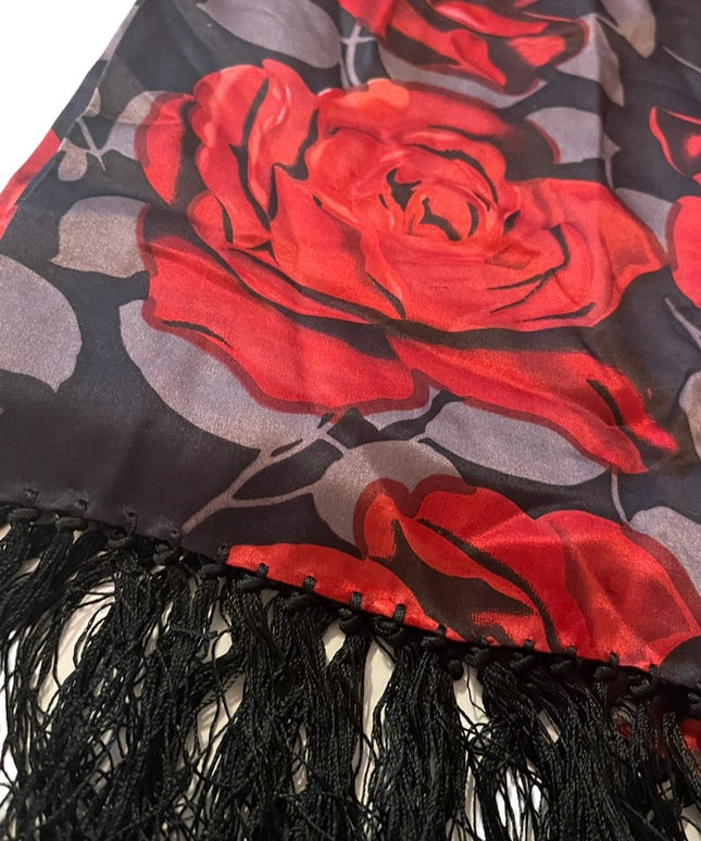 Vintage Red roses silk scarf wrap fringe silver black