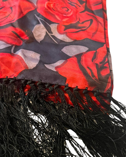 Vintage Red roses silk scarf wrap fringe silver black