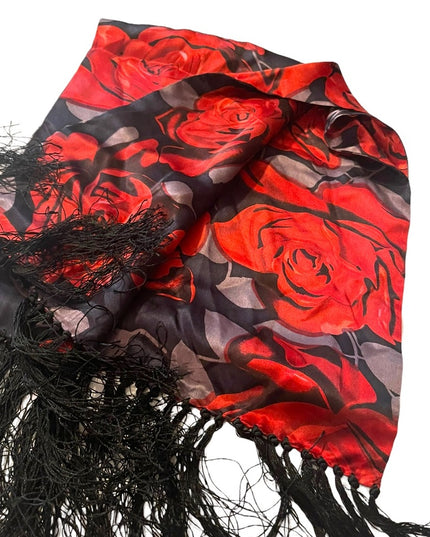 Vintage Red roses silk scarf wrap fringe silver black