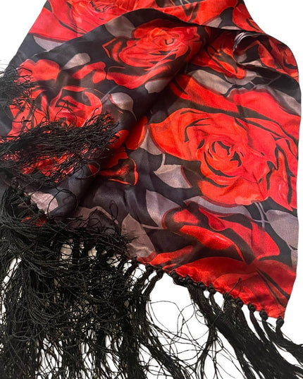 Vintage Red roses silk scarf wrap fringe silver black