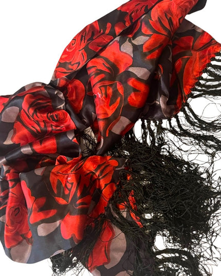 Vintage Red roses silk scarf wrap fringe silver black