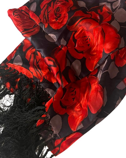 Vintage Red roses silk scarf wrap fringe silver black