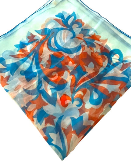 Vintage 1960s Crepe Chiffon sheer groovy Blue orange fancy scarf