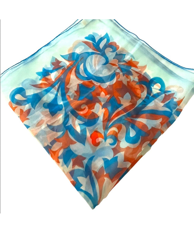 Vintage 1960s Crepe Chiffon sheer groovy Blue orange fancy scarf
