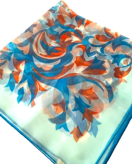 Vintage 1960s Crepe Chiffon sheer groovy Blue orange fancy scarf
