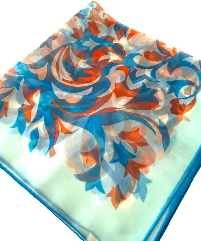 Vintage 1960s Crepe Chiffon sheer groovy Blue orange fancy scarf