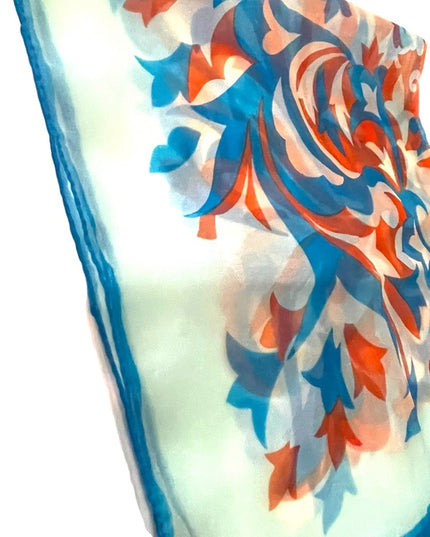 Vintage 1960s Crepe Chiffon sheer groovy Blue orange fancy scarf