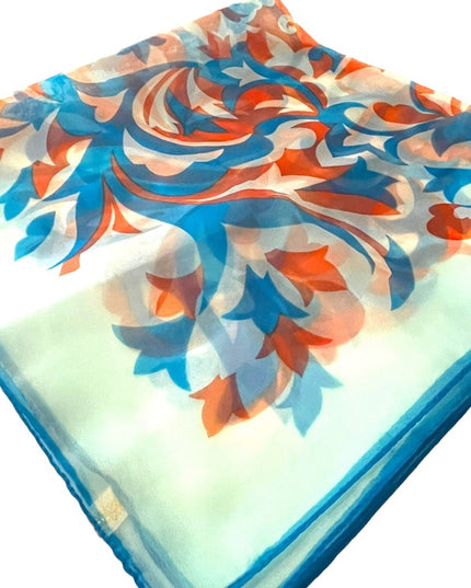 Vintage 1960s Crepe Chiffon sheer groovy Blue orange fancy scarf