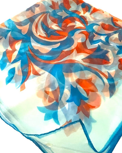 Vintage 1960s Crepe Chiffon sheer groovy Blue orange fancy scarf