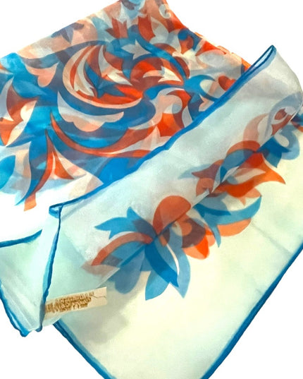 Vintage 1960s Crepe Chiffon sheer groovy Blue orange fancy scarf