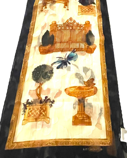 Vintage 1990s Liz Claiborne fancy deco print butterfly gate bird design gold