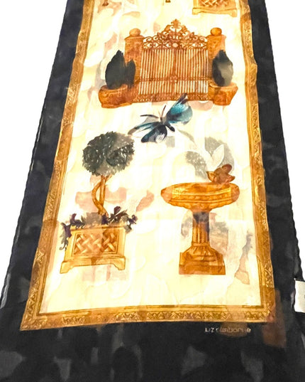 Vintage 1990s Liz Claiborne fancy deco print butterfly gate bird design gold