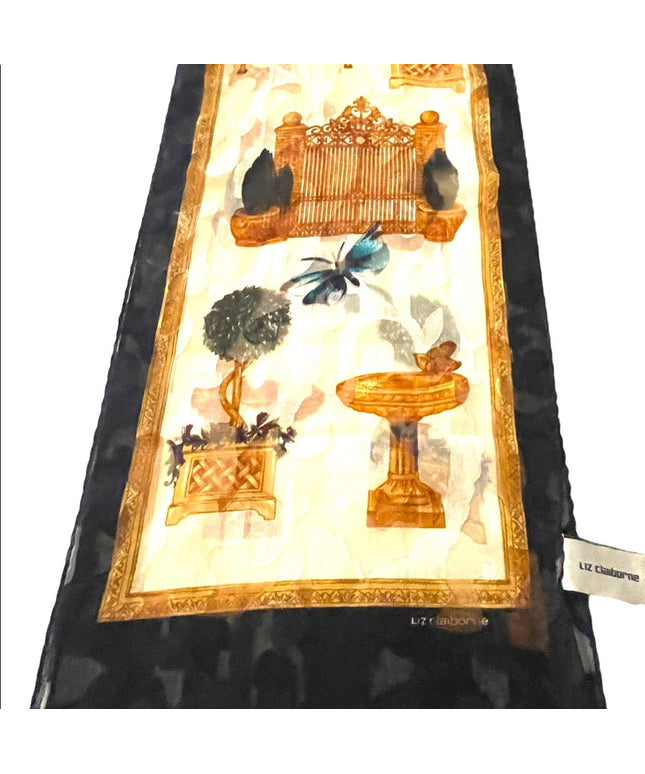 Vintage 1990s Liz Claiborne fancy deco print butterfly gate bird design gold