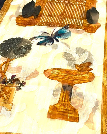 Vintage 1990s Liz Claiborne fancy deco print butterfly gate bird design gold
