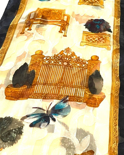 Vintage 1990s Liz Claiborne fancy deco print butterfly gate bird design gold