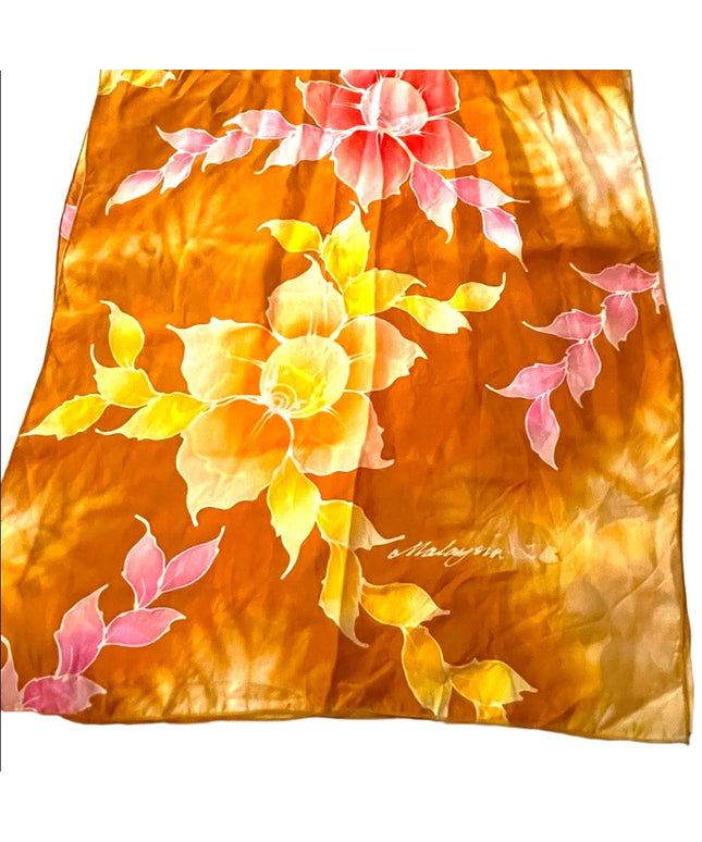 Vintage 1980s Silk flower scarf wrap orange pink yellow