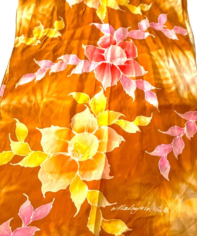 Vintage 1980s Silk flower scarf wrap orange pink yellow