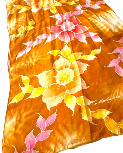Vintage 1980s Silk flower scarf wrap orange pink yellow