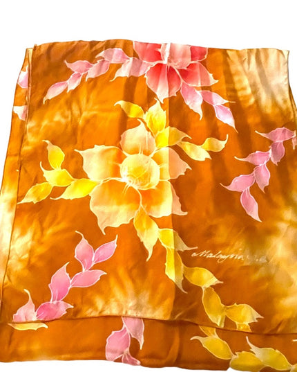Vintage 1980s Silk flower scarf wrap orange pink yellow