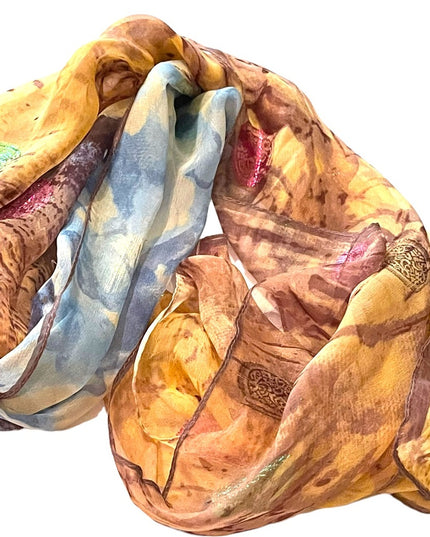 Beautiful sheer metalic finish brown blue flower abstract scarf wrap