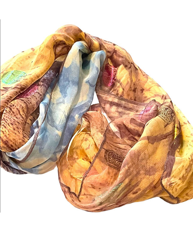 Beautiful sheer metalic finish brown blue flower abstract scarf wrap
