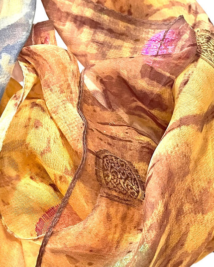 Beautiful sheer metalic finish brown blue flower abstract scarf wrap