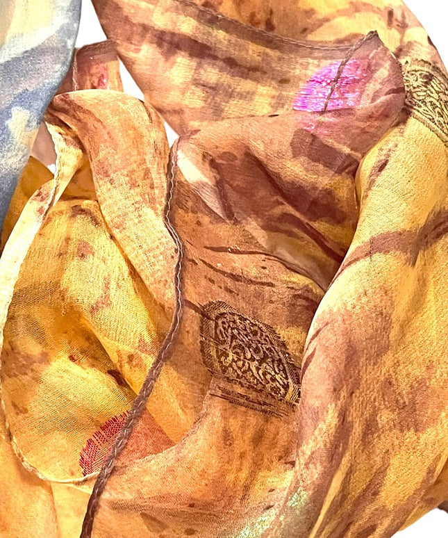 Beautiful sheer metalic finish brown blue flower abstract scarf wrap