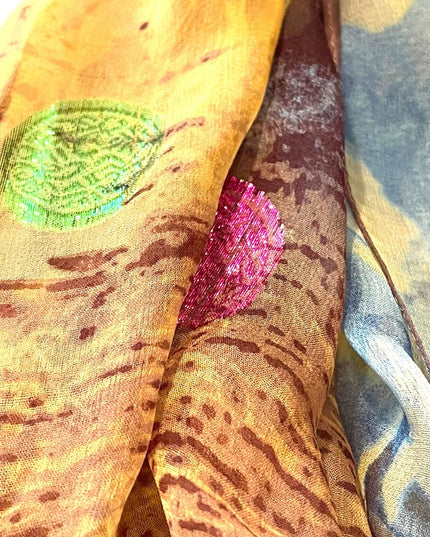 Beautiful sheer metalic finish brown blue flower abstract scarf wrap