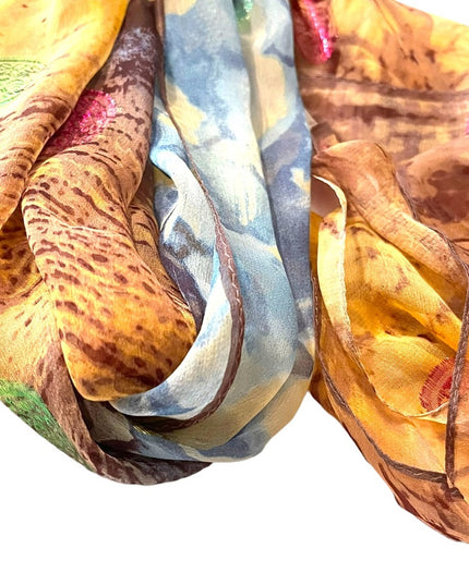Beautiful sheer metalic finish brown blue flower abstract scarf wrap