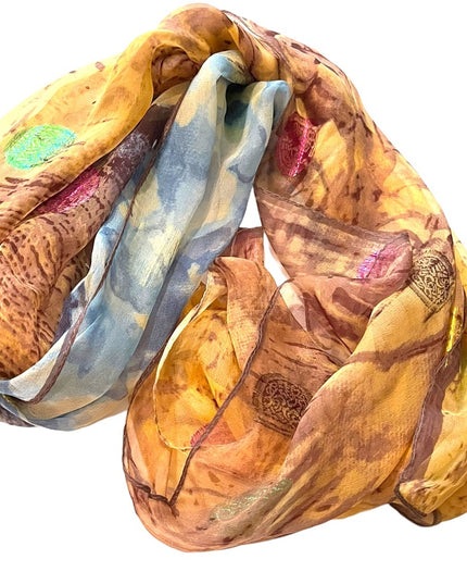 Beautiful sheer metalic finish brown blue flower abstract scarf wrap