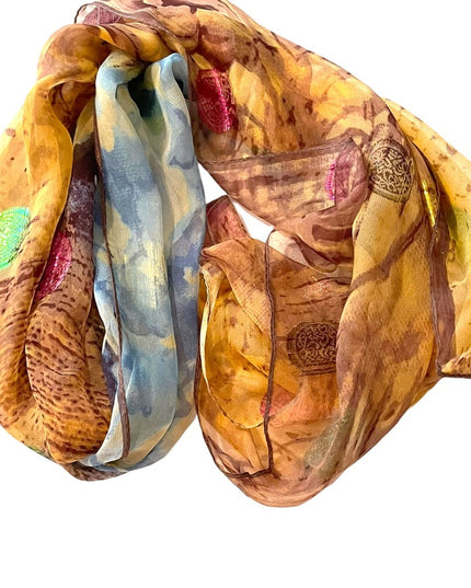 Beautiful sheer metalic finish brown blue flower abstract scarf wrap