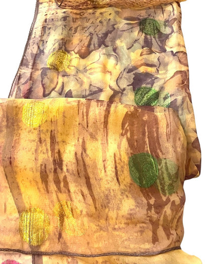 Beautiful sheer metalic finish brown blue flower abstract scarf wrap