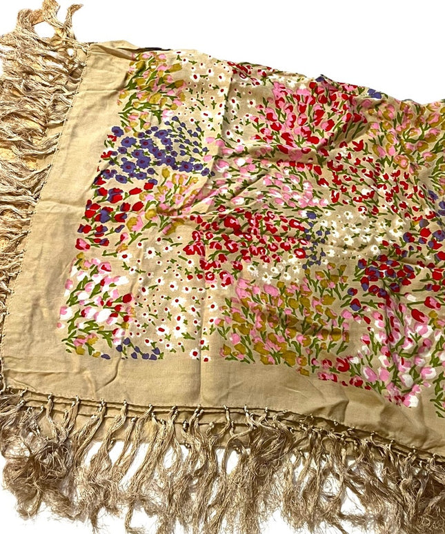 40” Square Large Linen Cotton flower floral fringe wrap scarf