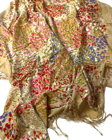 40” Square Large Linen Cotton flower floral fringe wrap scarf