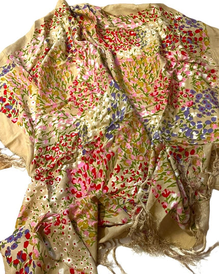 40” Square Large Linen Cotton flower floral fringe wrap scarf