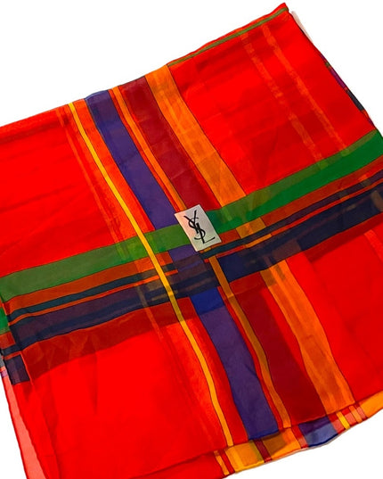 Vintage Silk sheer YSL plaid 1970s scarf red Authentic