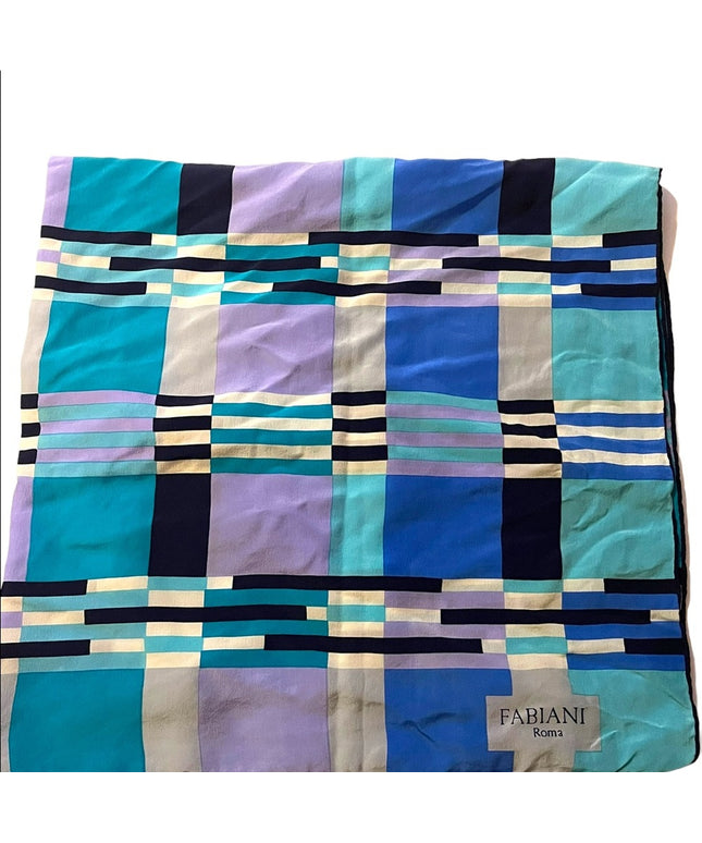Vintage 1980s Soft SILK Striped geometric FABIANI Roma Italy Italian Blue Scarf
