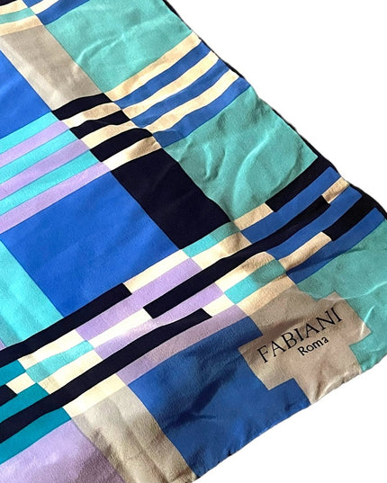 Vintage 1980s Soft SILK Striped geometric FABIANI Roma Italy Italian Blue Scarf