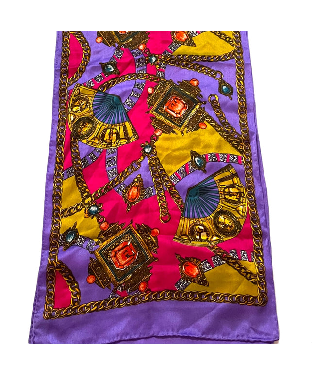 Vintage 1980s Ginnie Johansen Purple fancy gem print SILK scarf art deco