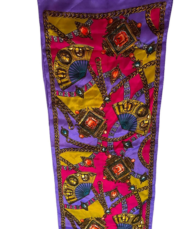 Vintage 1980s Ginnie Johansen Purple fancy gem print SILK scarf art deco