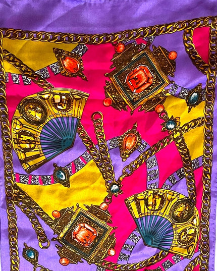 Vintage 1980s Ginnie Johansen Purple fancy gem print SILK scarf art deco