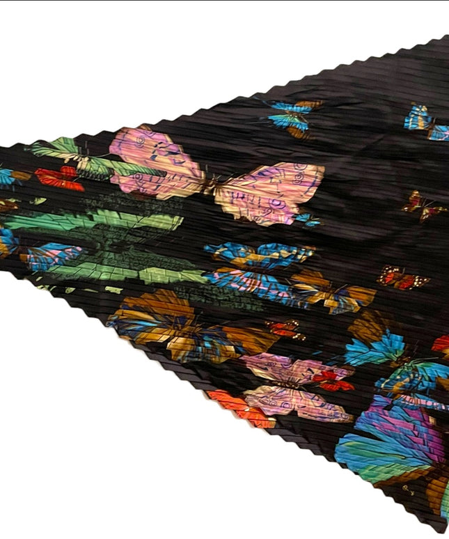 Vintage BOHO pleated poly Colorful butterflies Wrap scarf hair cover Blk Echo
