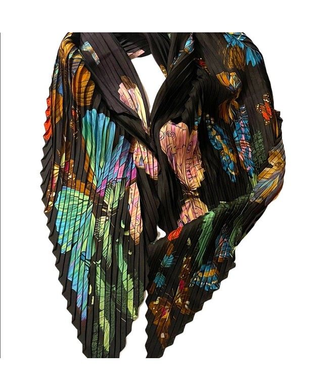 Vintage BOHO pleated poly Colorful butterflies Wrap scarf hair cover Blk Echo