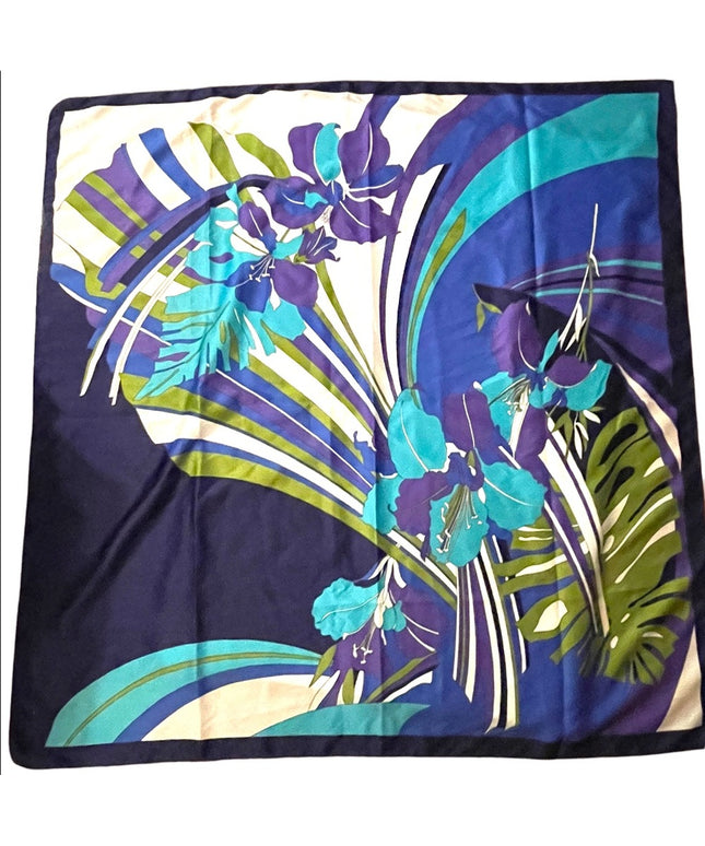 Vintage FIRENZE Groovy Abstract floral flowers green blue scarf polyester