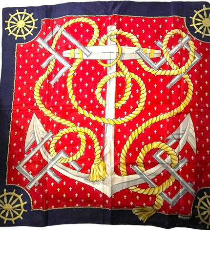 Vintage 1980s Leslie Fay Nautical rope ships anchor wheel SILK Scarf
