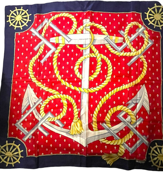 Vintage 1980s Leslie Fay Nautical rope ships anchor wheel SILK Scarf