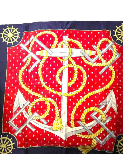 Vintage 1980s Leslie Fay Nautical rope ships anchor wheel SILK Scarf